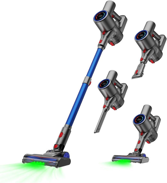 Aspirapolvere Senza Fili 40KPa, Scopa Elettrica Leggera con Filtro HEPA, Luce LED Verde, Autonomia 45 Min, Design Autoportante, per Pavimenti Duri, Tappeti e Peli di Animali