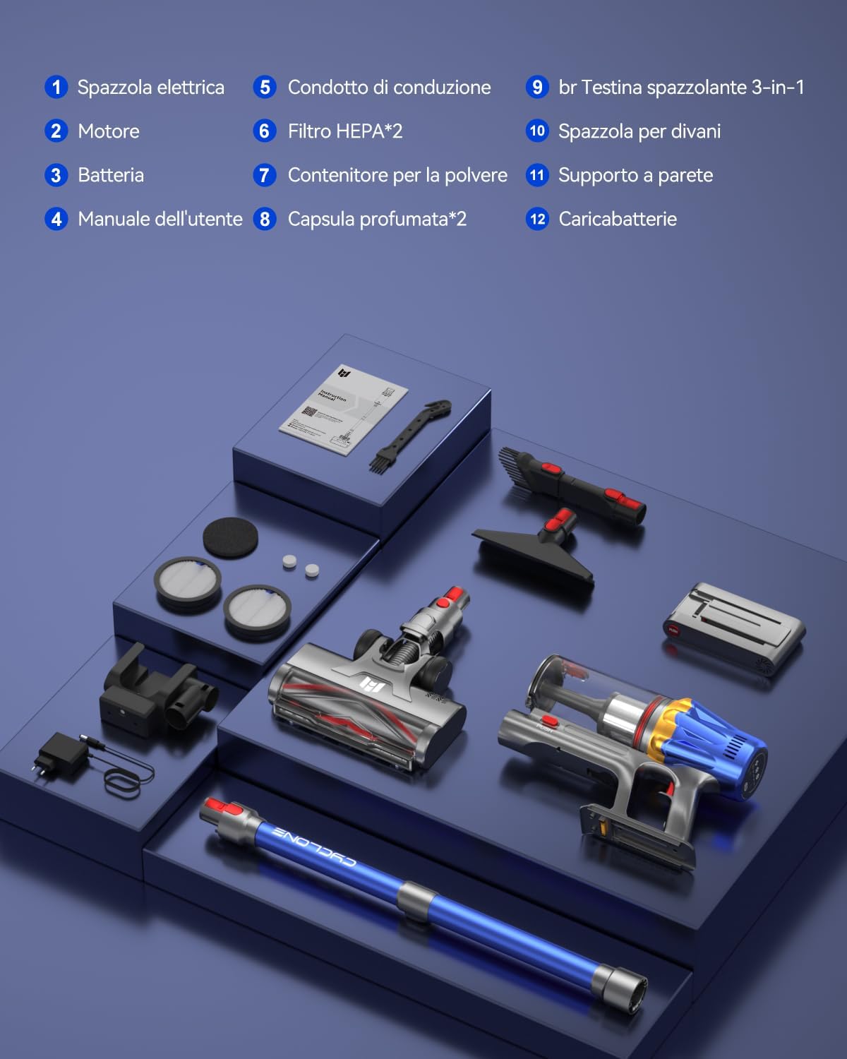 H9 Aspirapolvere Senza Fili Potente 58000Pa/650W/80Min, Scopa Elettrica Senza Filo con Display Touch LED, Autoportante Anti-Groviglio per Peli Animali, Moquette e Pavimenti Duri, Blu