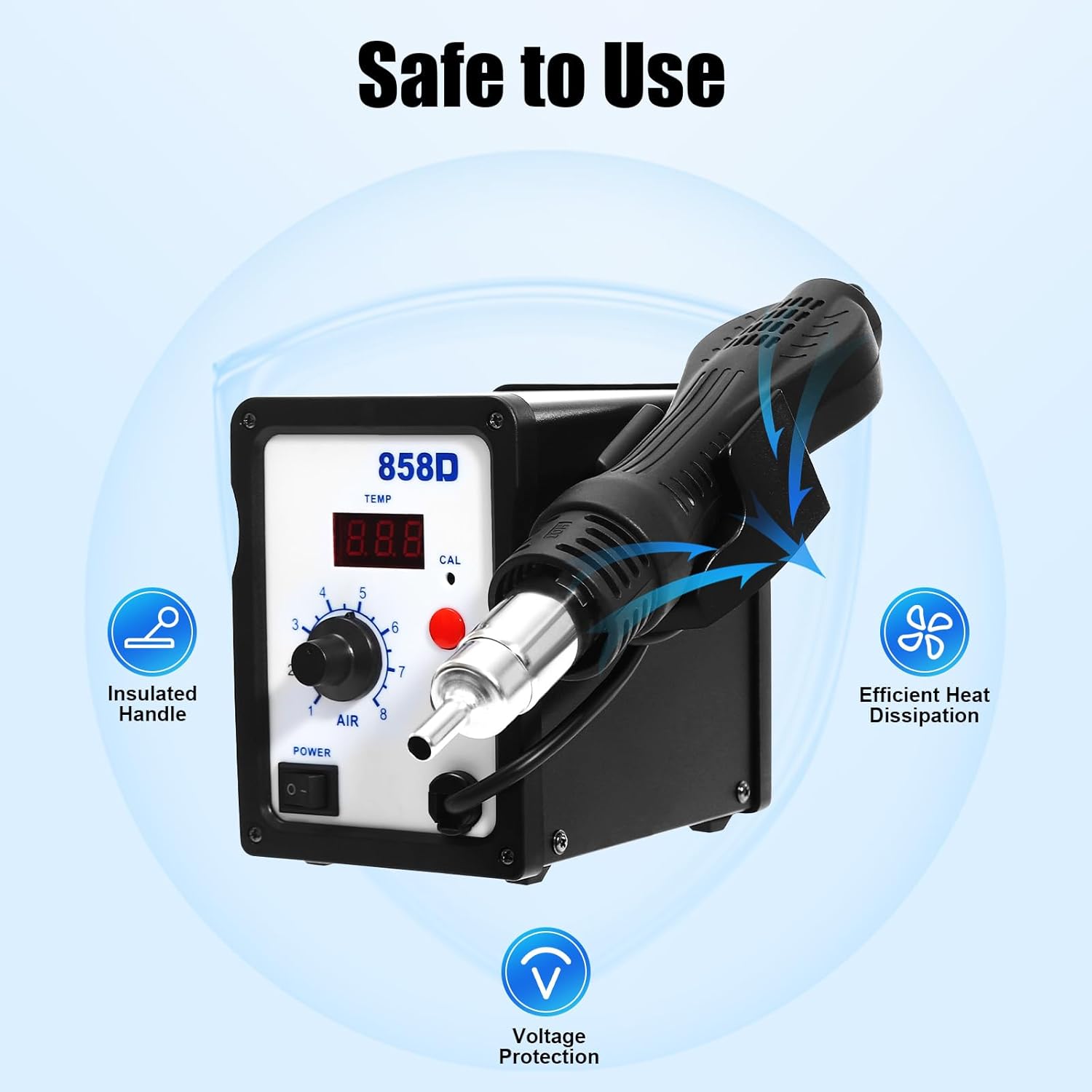 Stazione di saldatura ad aria calda, 858D, saldatrice ad aria calda, 100 ~ 500 °C, 700 W, indicatore di temperatura digitale con 3 ugelli per BGA, SOIC, CHIP, QFP, PLCC