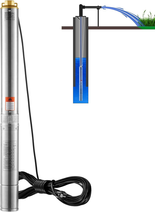 VEVOR Pompa Sommergibile per Pozzi Profondi, IP68 1500W 230 V 50 Hz, Massima Portata 9,8 m³/h Prevalenza 108 m, Cavo Elettrico 9,1 m, Pompa Acciaio Inox per Irrigazione Industriale Uso Domestico