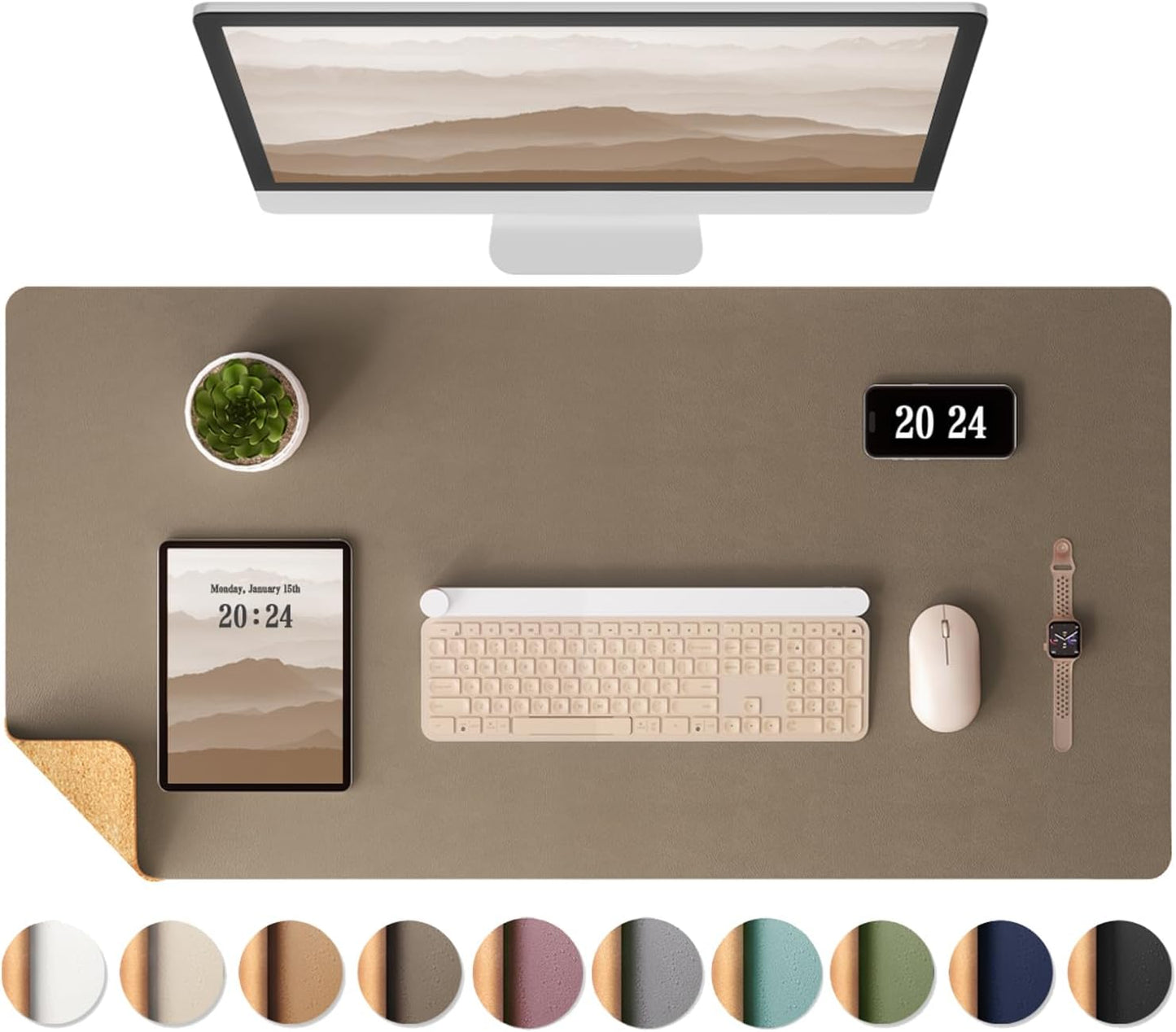 Cork Desk Mat, Reversible Desk Pad with Natural Cork & PU Leather, Mouse Pad/Table Protector Brown