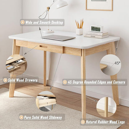 Wood Desk, Small Desk with Drawers, Home Office Computer Desk