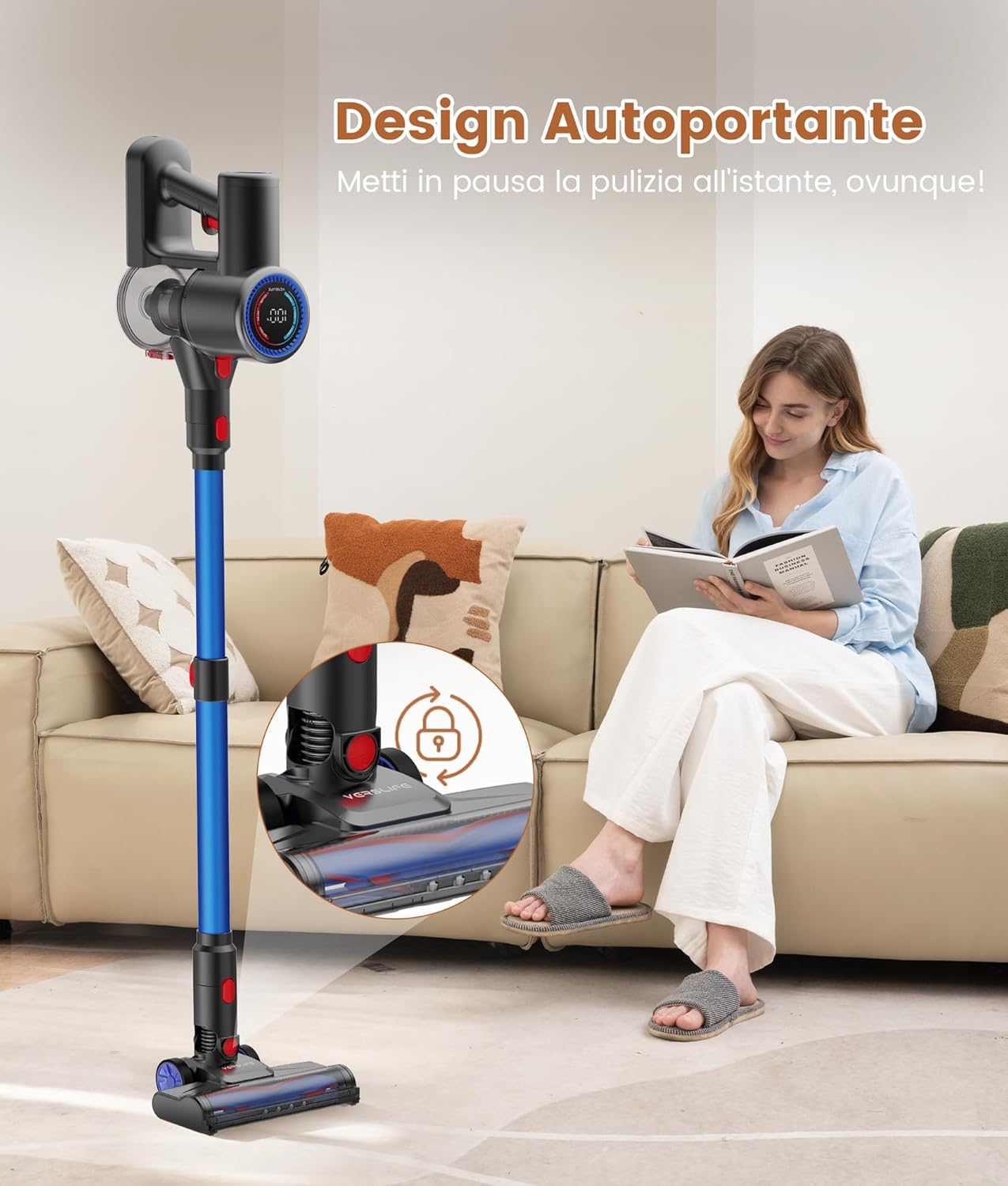 Aspirapolvere Senza Fili 40KPa, Scopa Elettrica Leggera con Filtro HEPA, Luce LED Verde, Autonomia 45 Min, Design Autoportante, per Pavimenti Duri, Tappeti e Peli di Animali