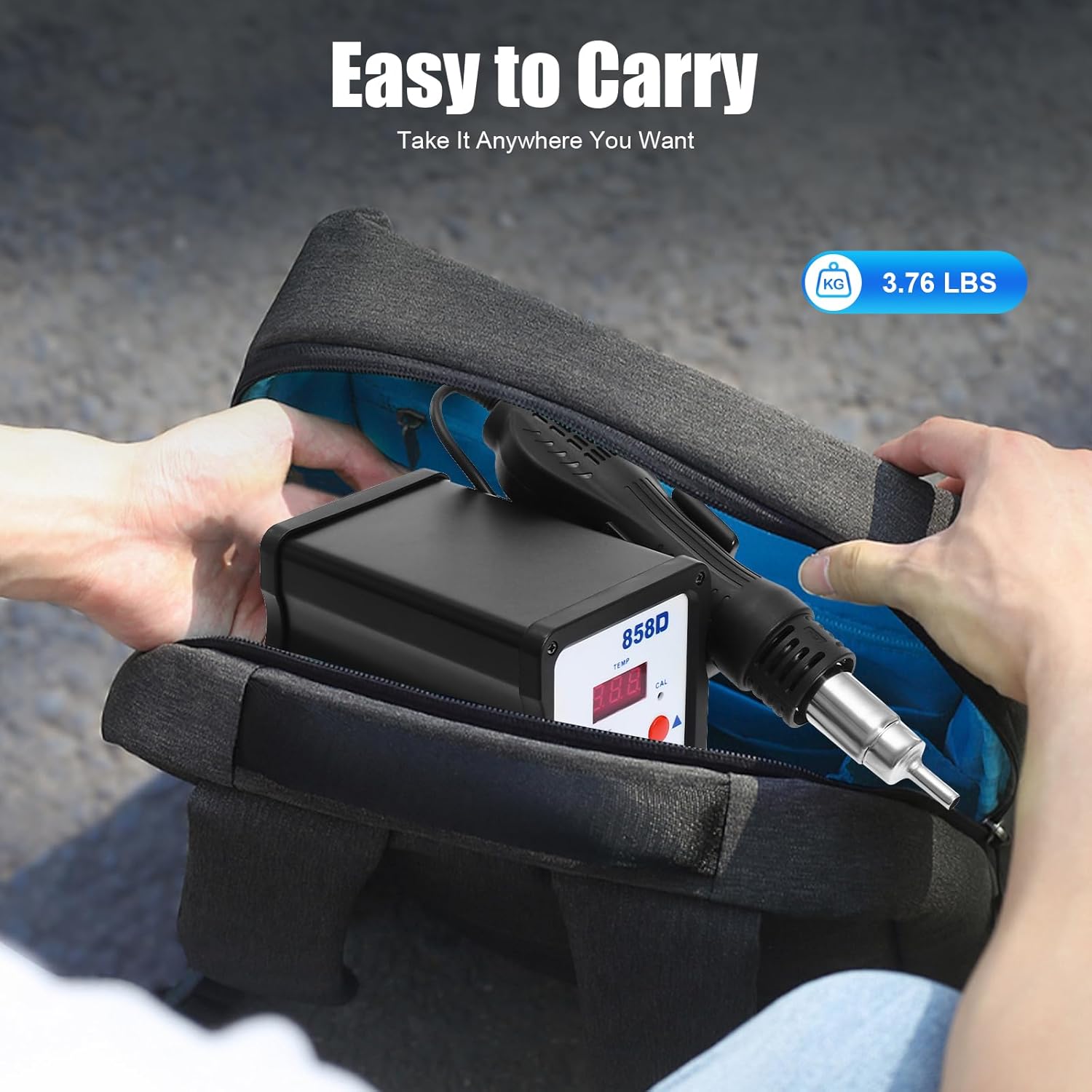 Stazione di saldatura ad aria calda, 858D, saldatrice ad aria calda, 100 ~ 500 °C, 700 W, indicatore di temperatura digitale con 3 ugelli per BGA, SOIC, CHIP, QFP, PLCC
