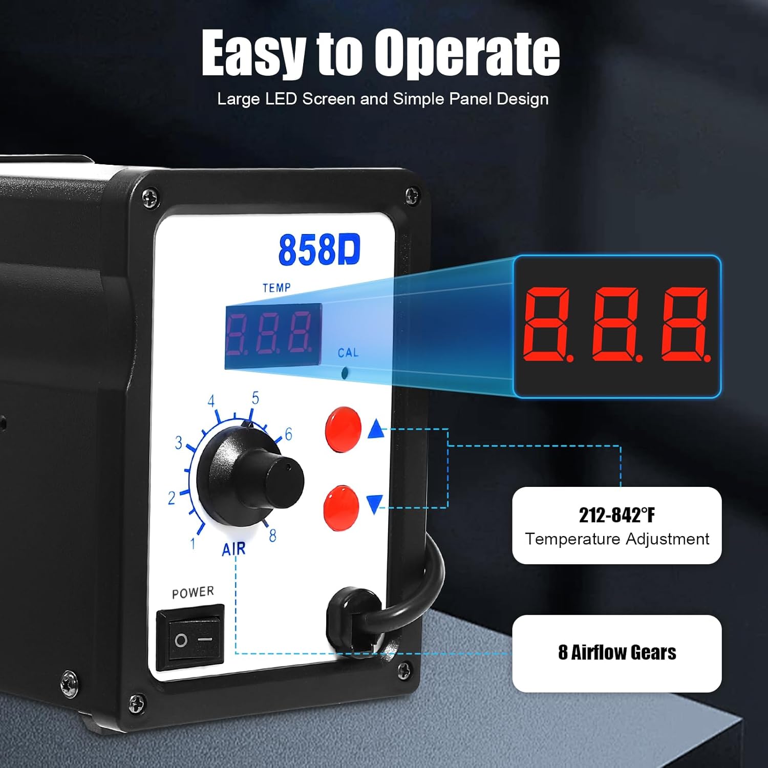 Stazione di saldatura ad aria calda, 858D, saldatrice ad aria calda, 100 ~ 500 °C, 700 W, indicatore di temperatura digitale con 3 ugelli per BGA, SOIC, CHIP, QFP, PLCC