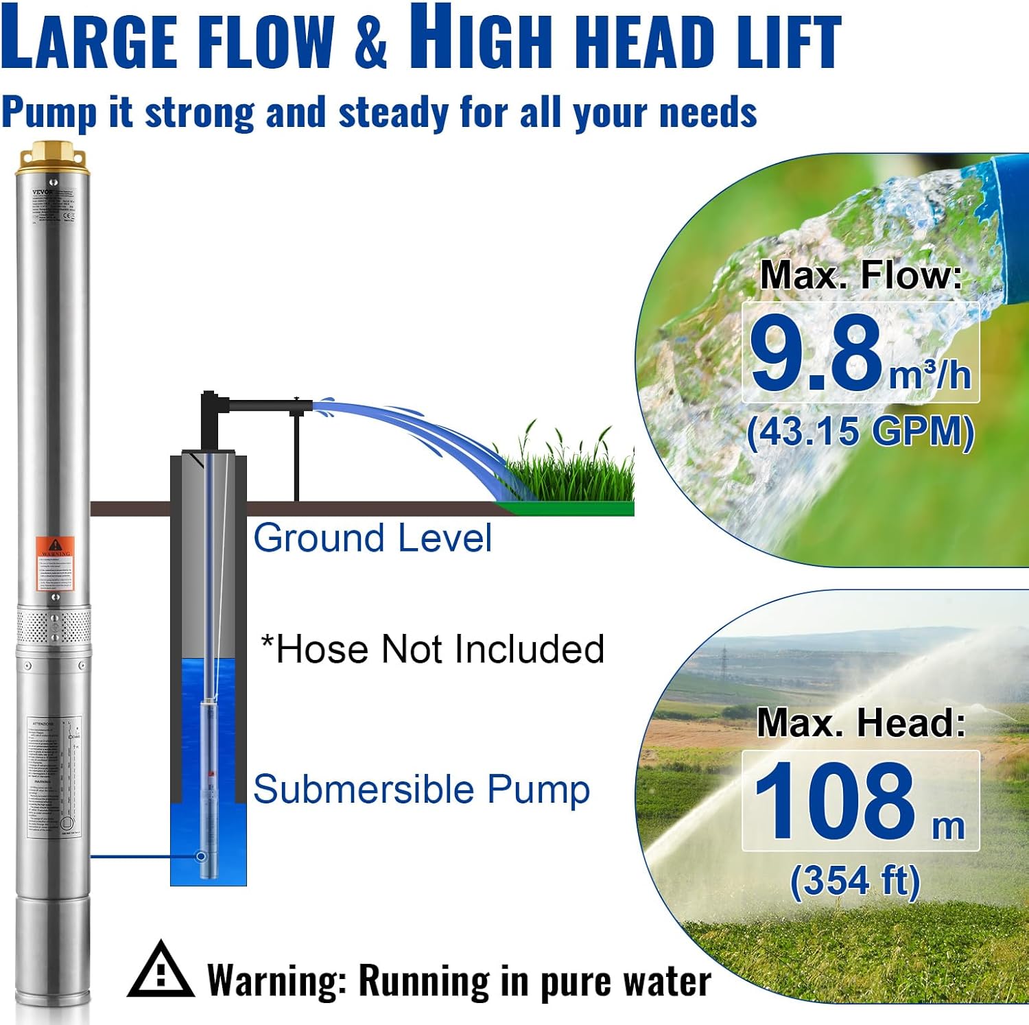 VEVOR Pompa Sommergibile per Pozzi Profondi, IP68 1500W 230 V 50 Hz, Massima Portata 9,8 m³/h Prevalenza 108 m, Cavo Elettrico 9,1 m, Pompa Acciaio Inox per Irrigazione Industriale Uso Domestico
