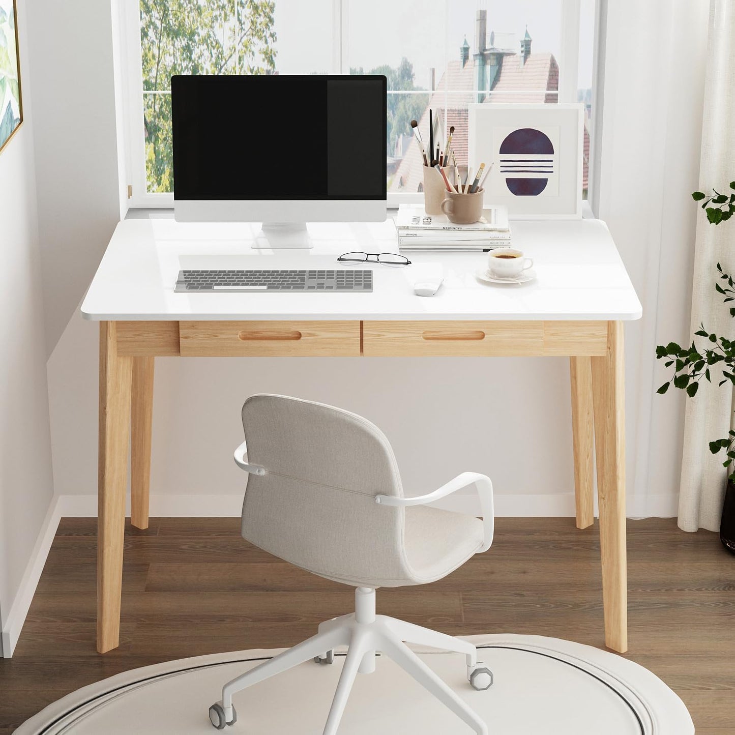 Wood Desk, Small Desk with Drawers, Home Office Computer Desk