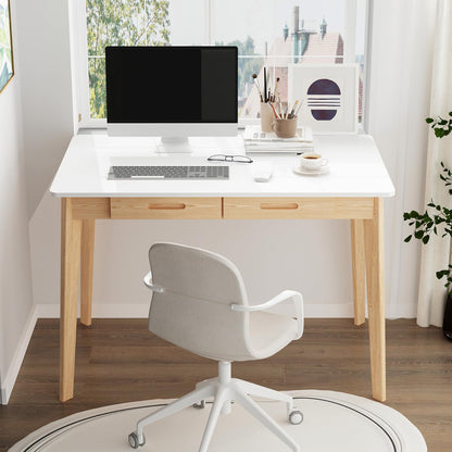 Wood Desk, Small Desk with Drawers, Home Office Computer Desk