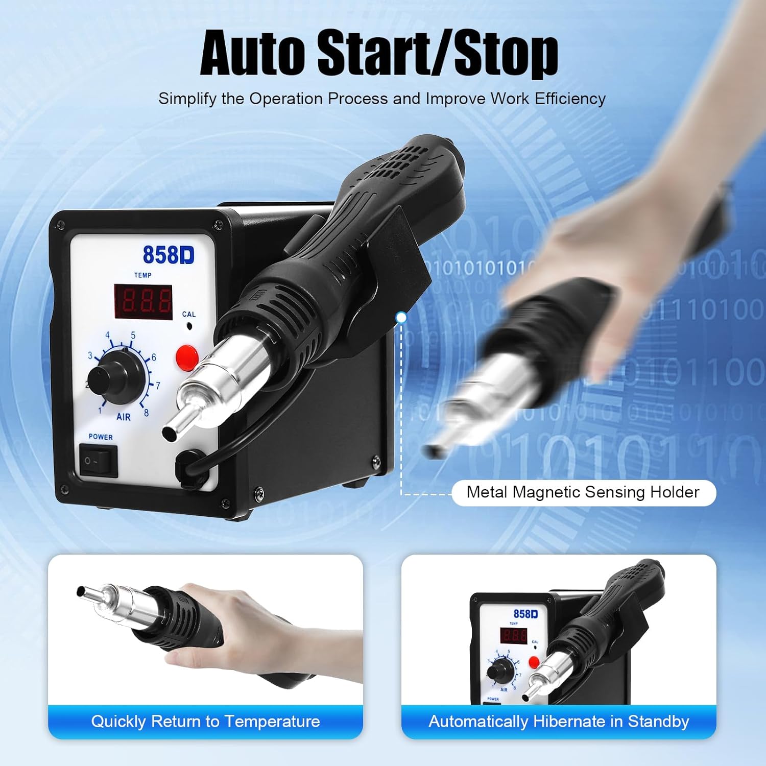 Stazione di saldatura ad aria calda, 858D, saldatrice ad aria calda, 100 ~ 500 °C, 700 W, indicatore di temperatura digitale con 3 ugelli per BGA, SOIC, CHIP, QFP, PLCC