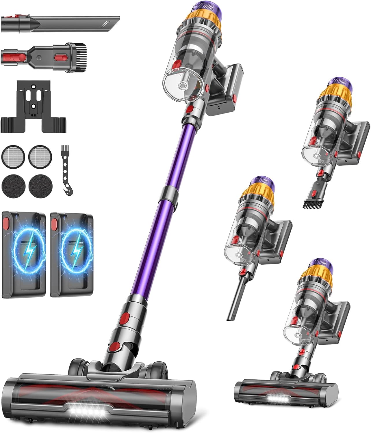 Aspirapolvere Senza Fili con 2 Batterie, 150 Min/600W/ 55KPA/2.0L Scopa Elettrica Senza Fili Potente, Touch Intelligente, Filtro a 11 Stadi, Spazzola Anti-Groviglio per Pavimenti/Tappeti/Peli Animali
