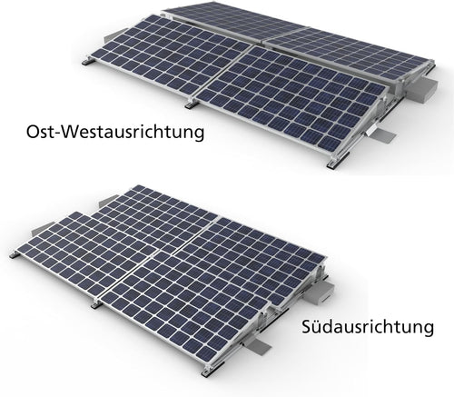 Komplette Montageset für 4 Solar Module geeignet für Flachdach, Garagedach und ebener Boden bis zu 5° Dachneigung, Aufstellungwinkel 10°, Süden oder Ost-West Ausrichtung