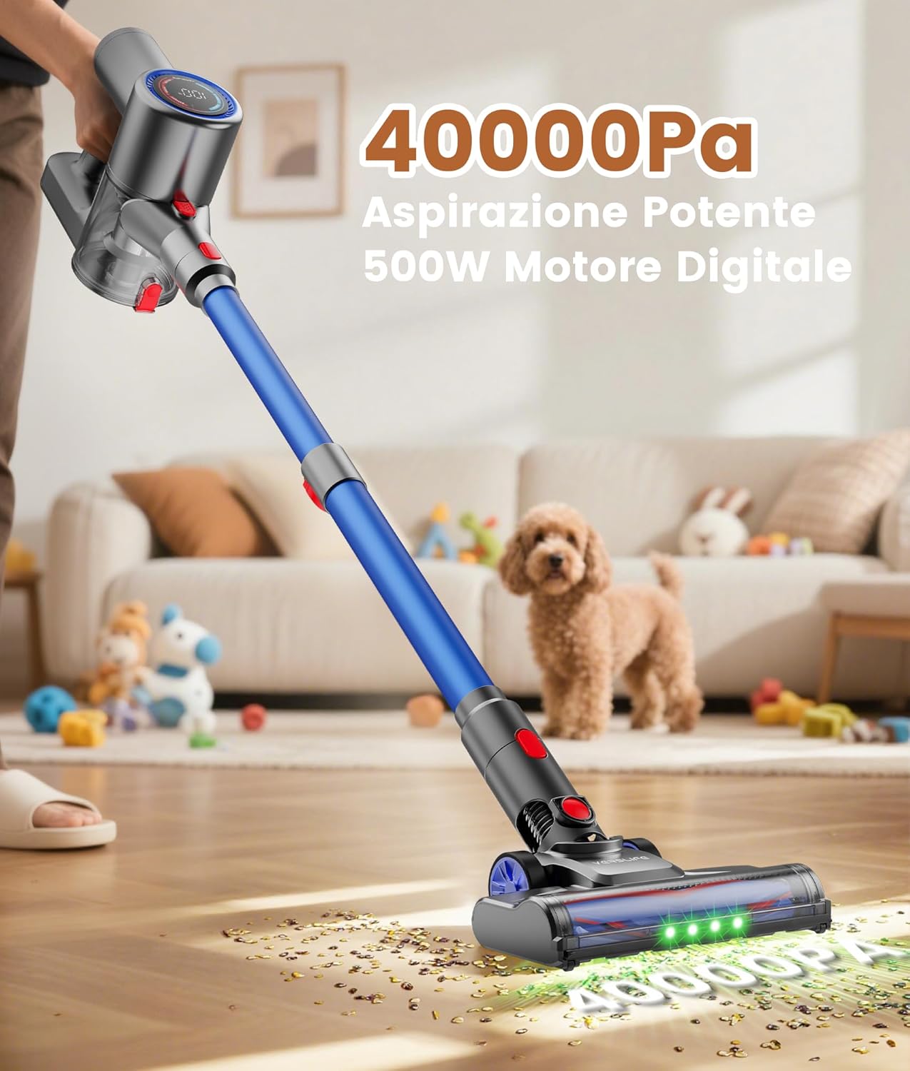 Aspirapolvere Senza Fili 40KPa, Scopa Elettrica Leggera con Filtro HEPA, Luce LED Verde, Autonomia 45 Min, Design Autoportante, per Pavimenti Duri, Tappeti e Peli di Animali