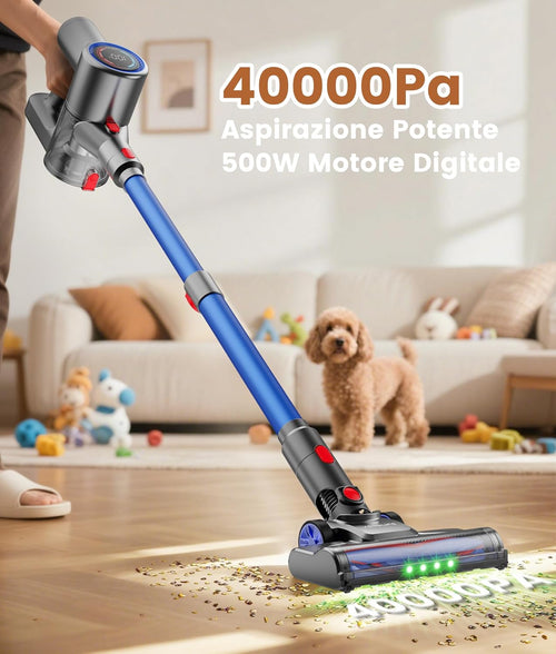 Aspirapolvere Senza Fili 40KPa, Scopa Elettrica Leggera con Filtro HEPA, Luce LED Verde, Autonomia 45 Min, Design Autoportante, per Pavimenti Duri, Tappeti e Peli di Animali