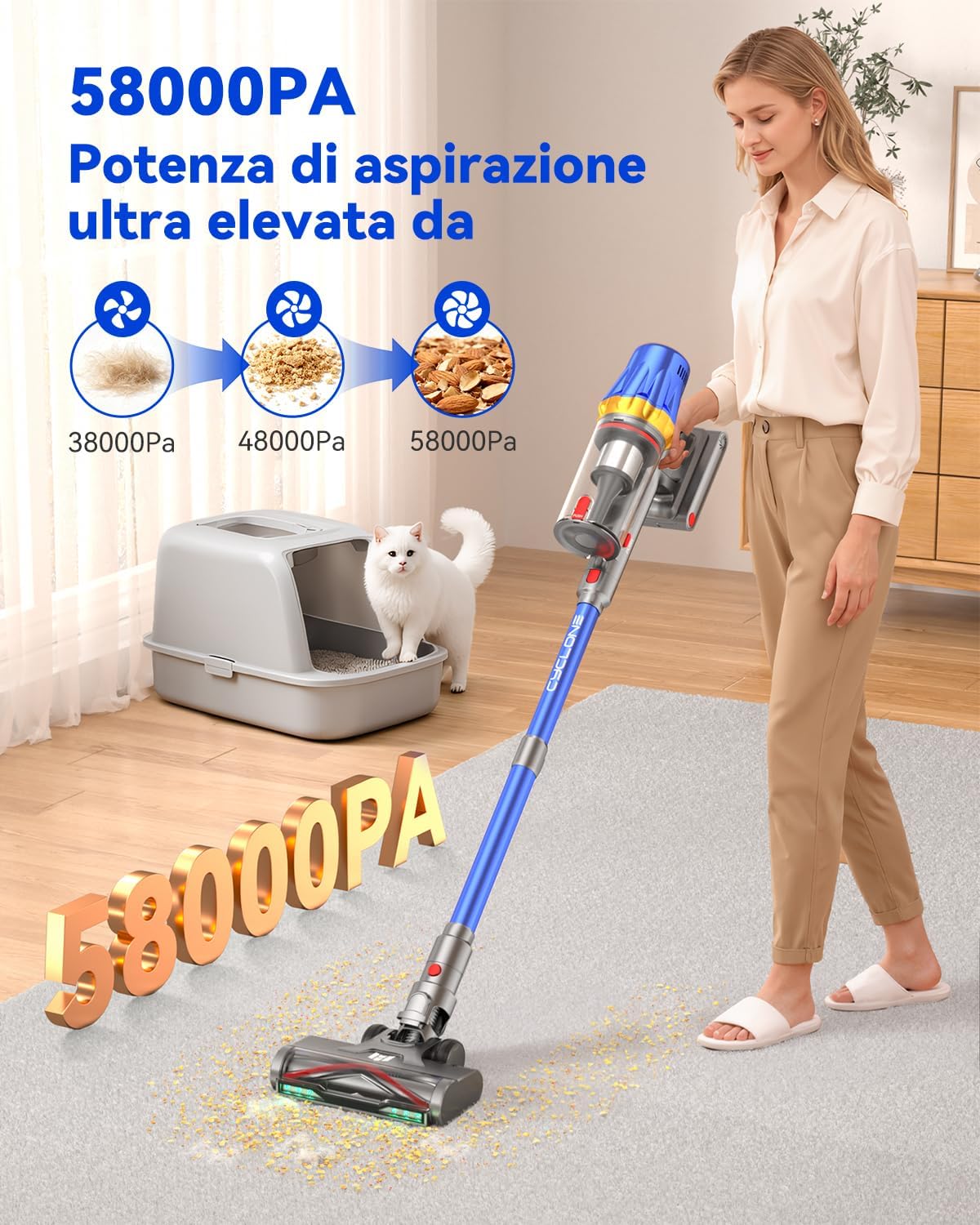 H9 Aspirapolvere Senza Fili Potente 58000Pa/650W/80Min, Scopa Elettrica Senza Filo con Display Touch LED, Autoportante Anti-Groviglio per Peli Animali, Moquette e Pavimenti Duri, Blu