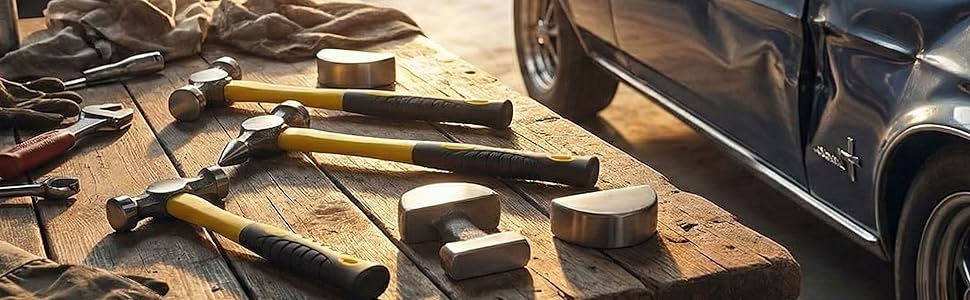 TOPWAY 7 Pezzi kit attrezzi da officina riparazione carrozzeria auto con manici in fibra di vetro, kit di martelli e tassi per carrozziere 454222 (Budget)