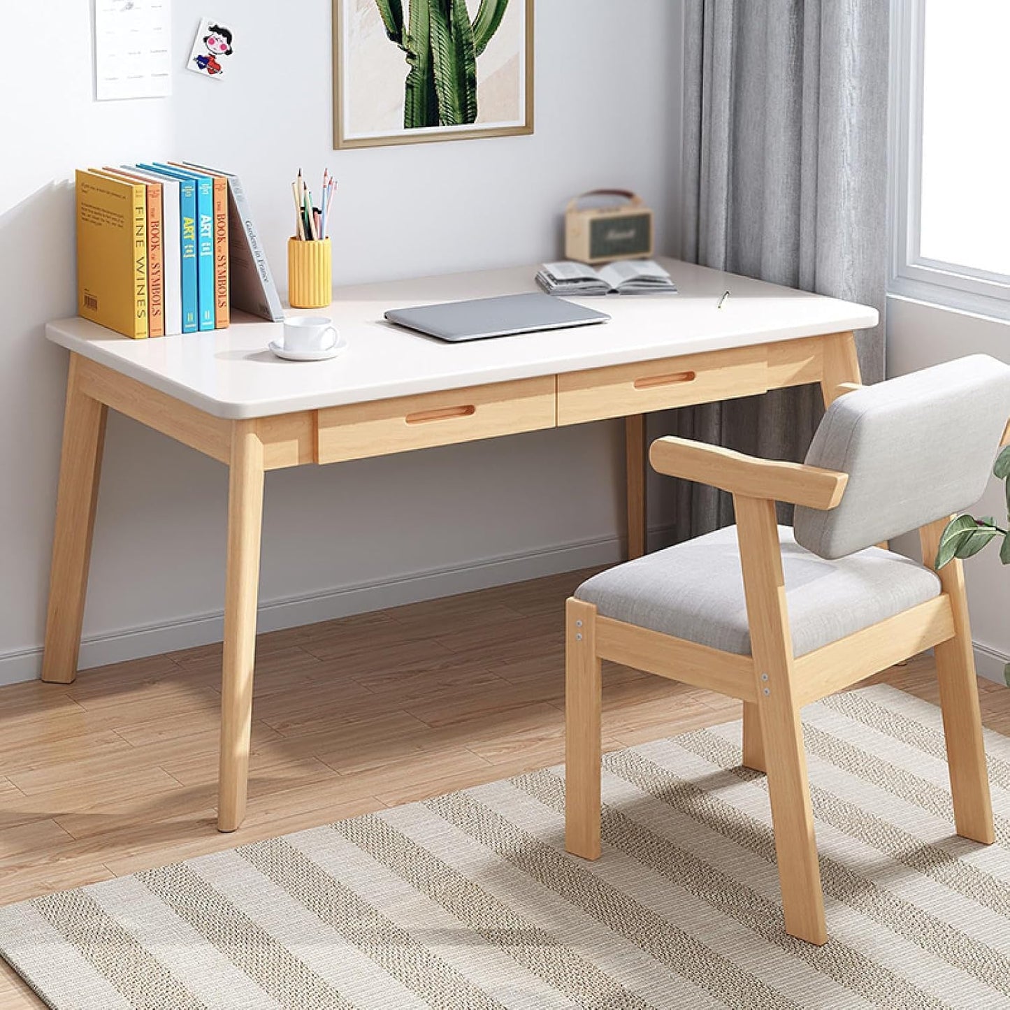 Wood Desk, Small Desk with Drawers, Home Office Computer Desk