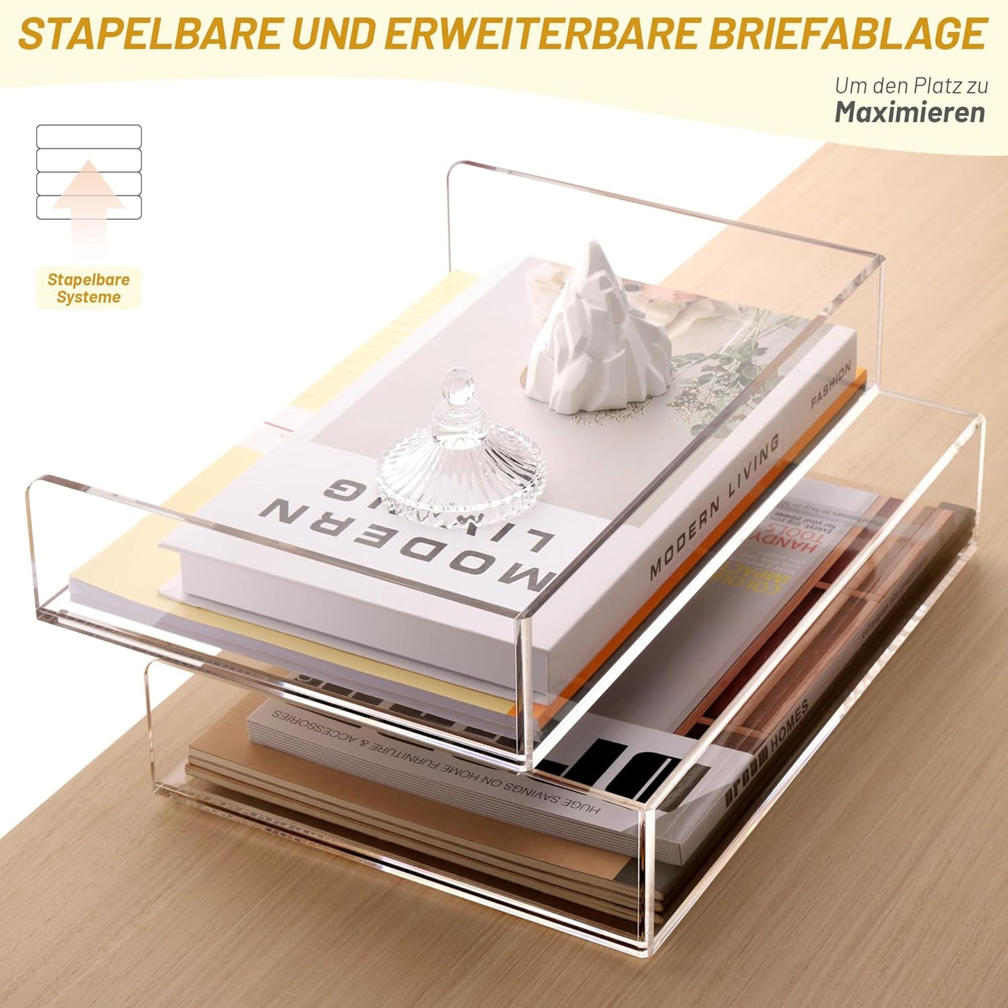 2 Stück Briefablage A4, Ablagefächer Stapelbar Dokumentenablage Querformat aus Acryl, Stabiler Schreibtisch Organizer