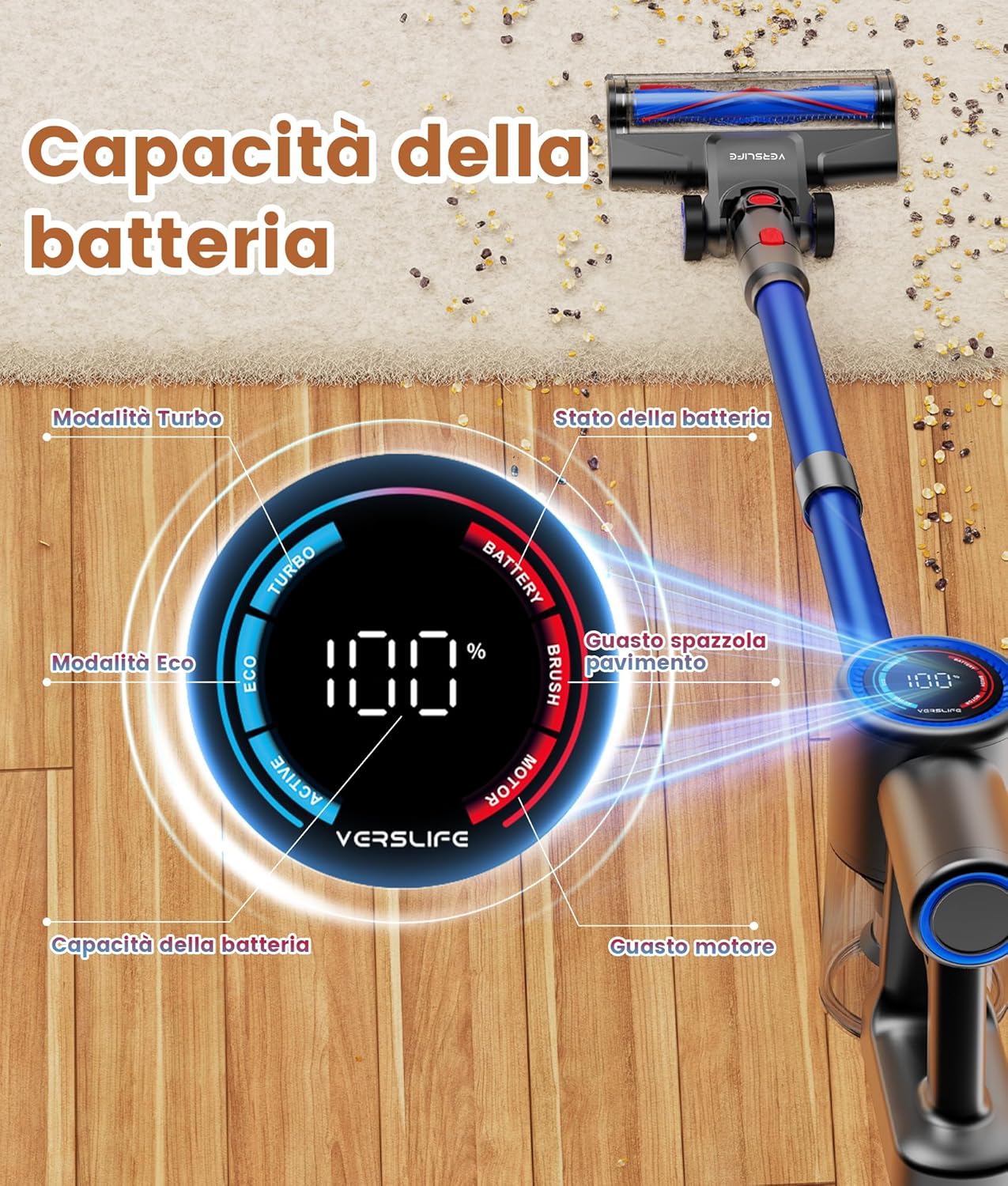 Aspirapolvere Senza Fili 40KPa, Scopa Elettrica Leggera con Filtro HEPA, Luce LED Verde, Autonomia 45 Min, Design Autoportante, per Pavimenti Duri, Tappeti e Peli di Animali