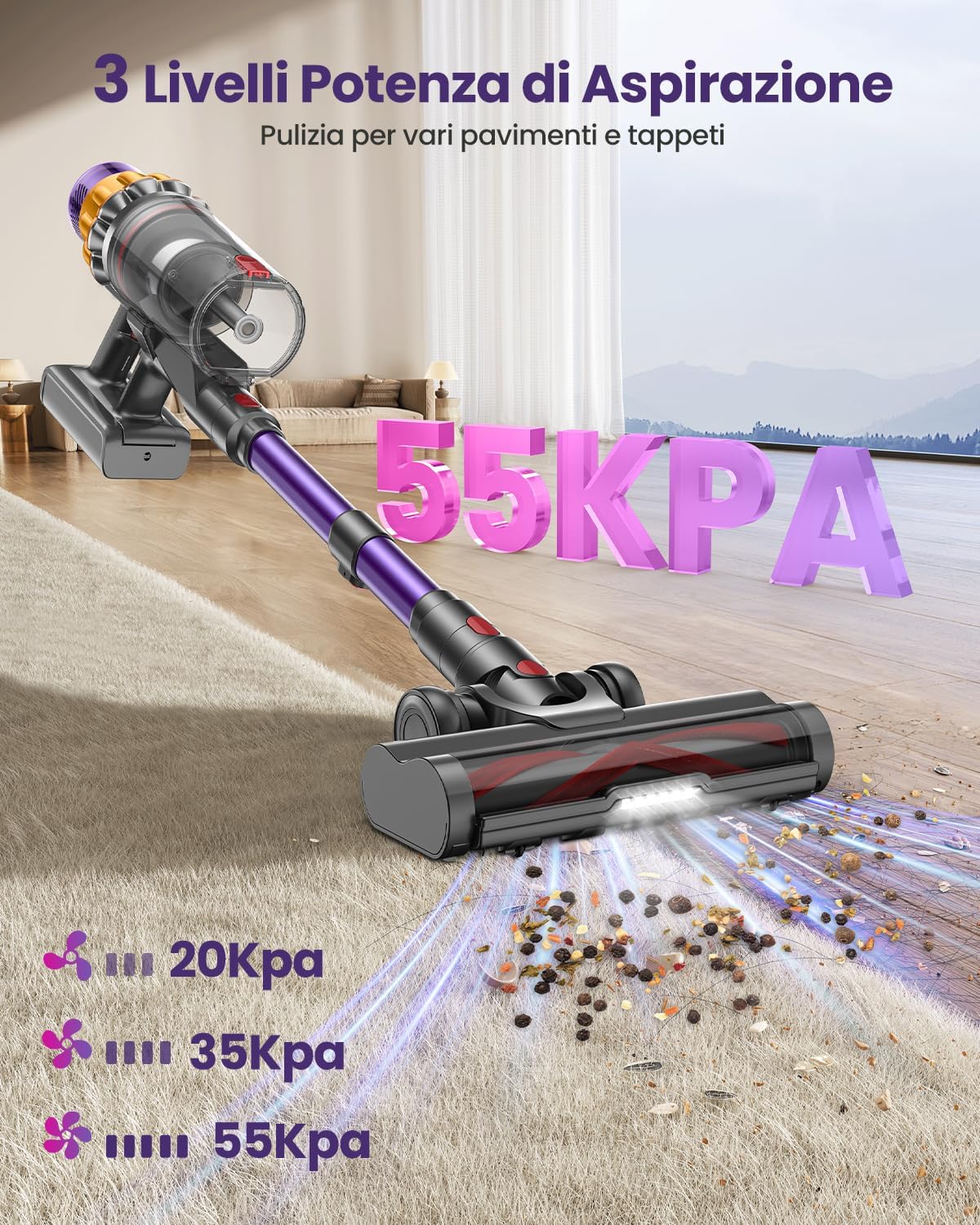 Aspirapolvere Senza Fili con 2 Batterie, 150 Min/600W/ 55KPA/2.0L Scopa Elettrica Senza Fili Potente, Touch Intelligente, Filtro a 11 Stadi, Spazzola Anti-Groviglio per Pavimenti/Tappeti/Peli Animali