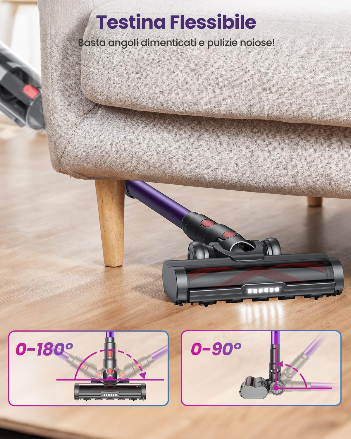 Aspirapolvere Senza Fili con 2 Batterie, 150 Min/600W/ 55KPA/2.0L Scopa Elettrica Senza Fili Potente, Touch Intelligente, Filtro a 11 Stadi, Spazzola Anti-Groviglio per Pavimenti/Tappeti/Peli Animali