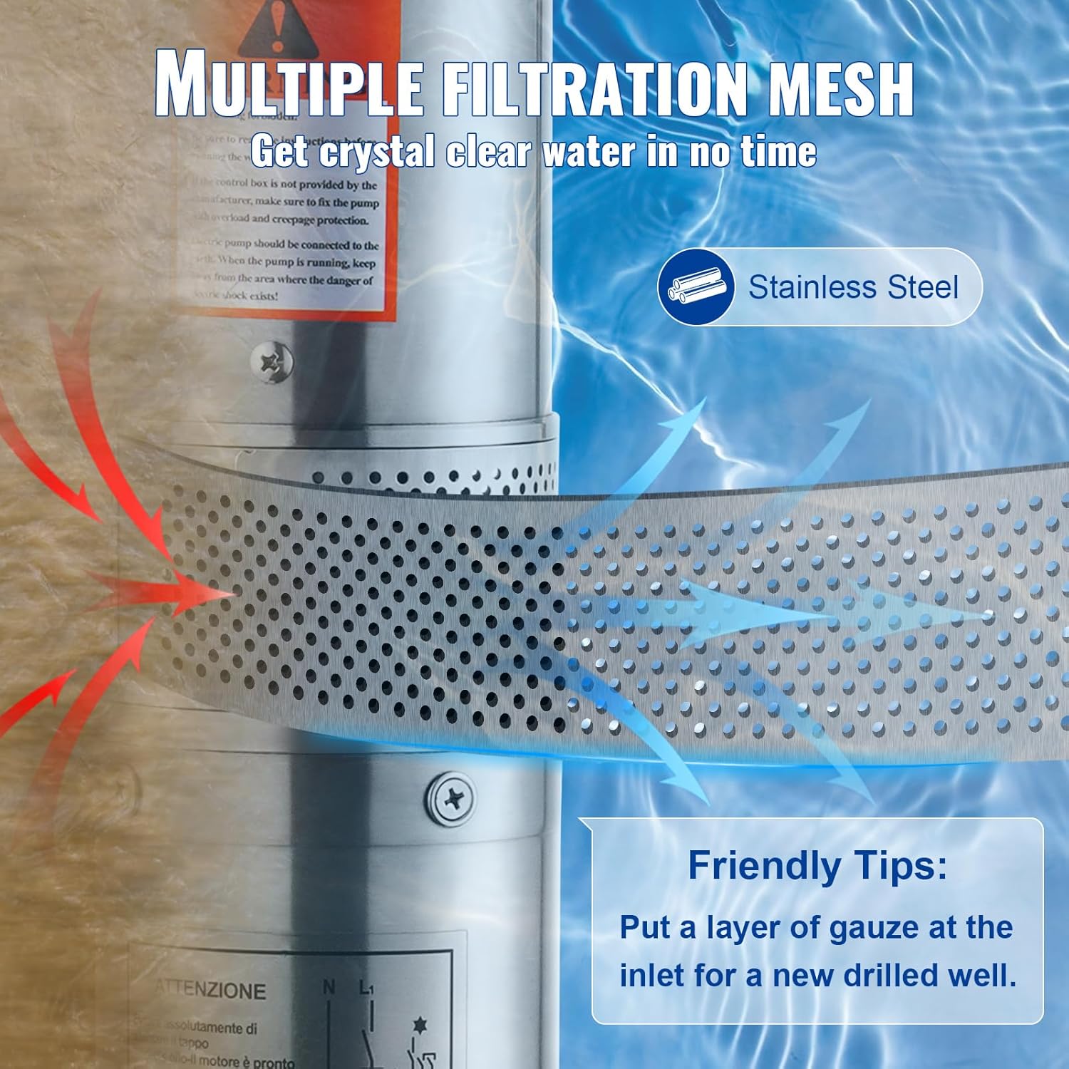 VEVOR Pompa Sommergibile per Pozzi Profondi, IP68 1500W 230 V 50 Hz, Massima Portata 9,8 m³/h Prevalenza 108 m, Cavo Elettrico 9,1 m, Pompa Acciaio Inox per Irrigazione Industriale Uso Domestico