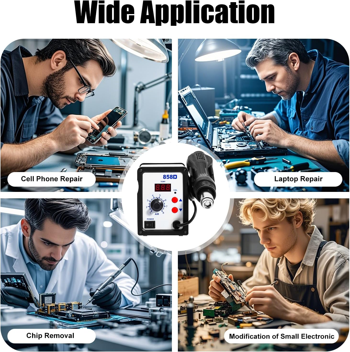 Stazione di saldatura ad aria calda, 858D, saldatrice ad aria calda, 100 ~ 500 °C, 700 W, indicatore di temperatura digitale con 3 ugelli per BGA, SOIC, CHIP, QFP, PLCC
