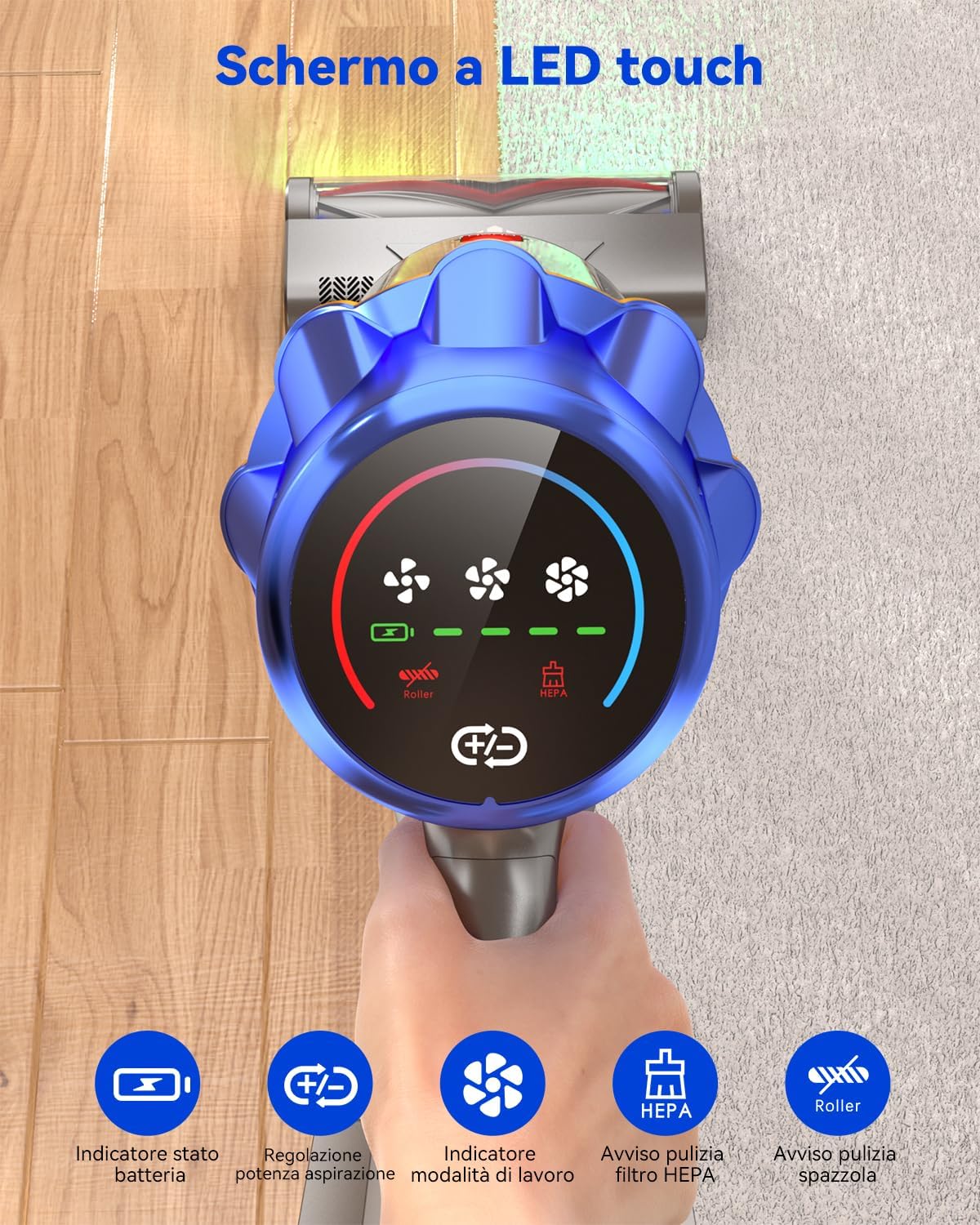 H9 Aspirapolvere Senza Fili Potente 58000Pa/650W/80Min, Scopa Elettrica Senza Filo con Display Touch LED, Autoportante Anti-Groviglio per Peli Animali, Moquette e Pavimenti Duri, Blu