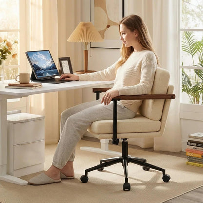 Homeoffice Stuhl, Gepolsterter Schreibtischstuhl Höhenverstellbar, Schminkstuhl mit Holz Armlehnen und Rollen