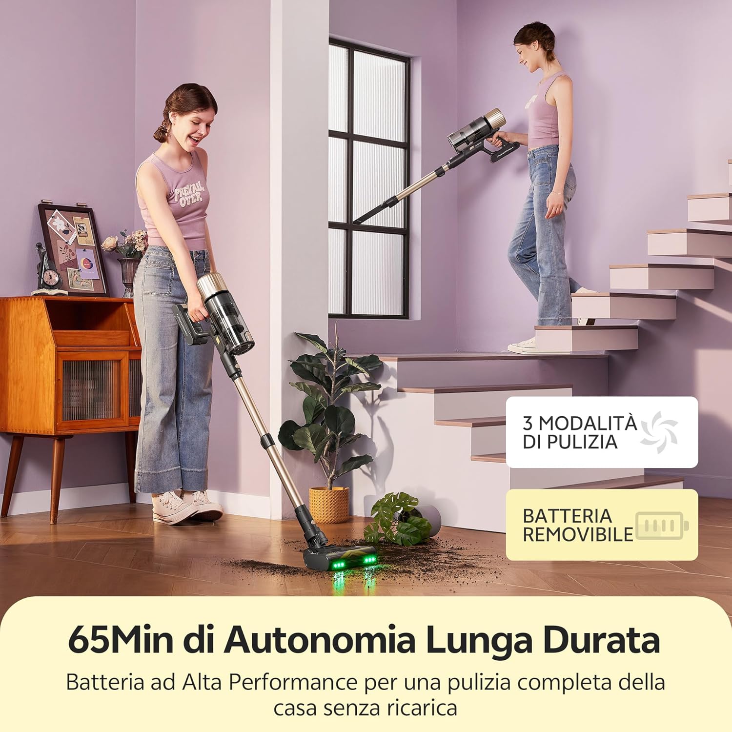 Ultenic Aspirapolvere Senza Fili, 50KPa/65 Min Scopa Elettrica Senza Fili, Aspirapolvere Potente con Tubo Telescopica, Autoportante, Tecnologia GreenEye, per Tappeti/Pavimenti/Peli di Animali