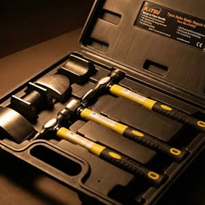 TOPWAY 7 Pezzi kit attrezzi da officina riparazione carrozzeria auto con manici in fibra di vetro, kit di martelli e tassi per carrozziere 454222 (Budget)
